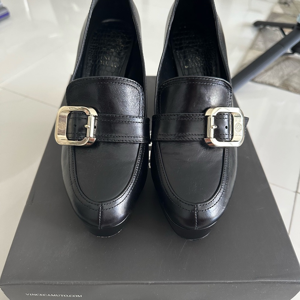 Vince Camuto Black Leather Platform Loafers with Elegant Buckle